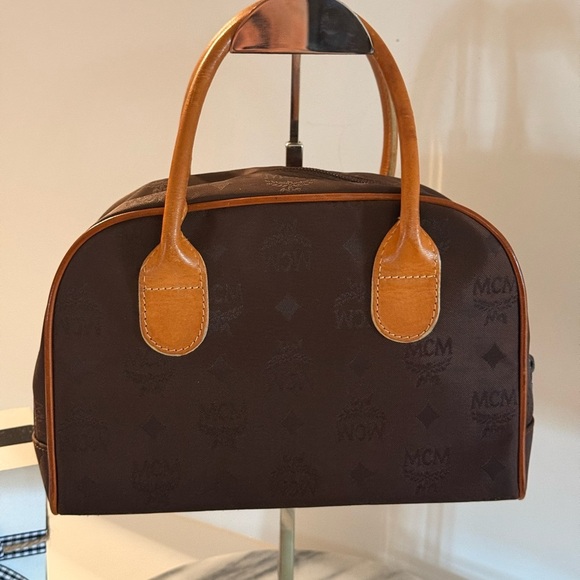 MCM Boston Satchel Hand Bag Nylon Leather Dark Brown Authenticated COA - Picture 2 of 16